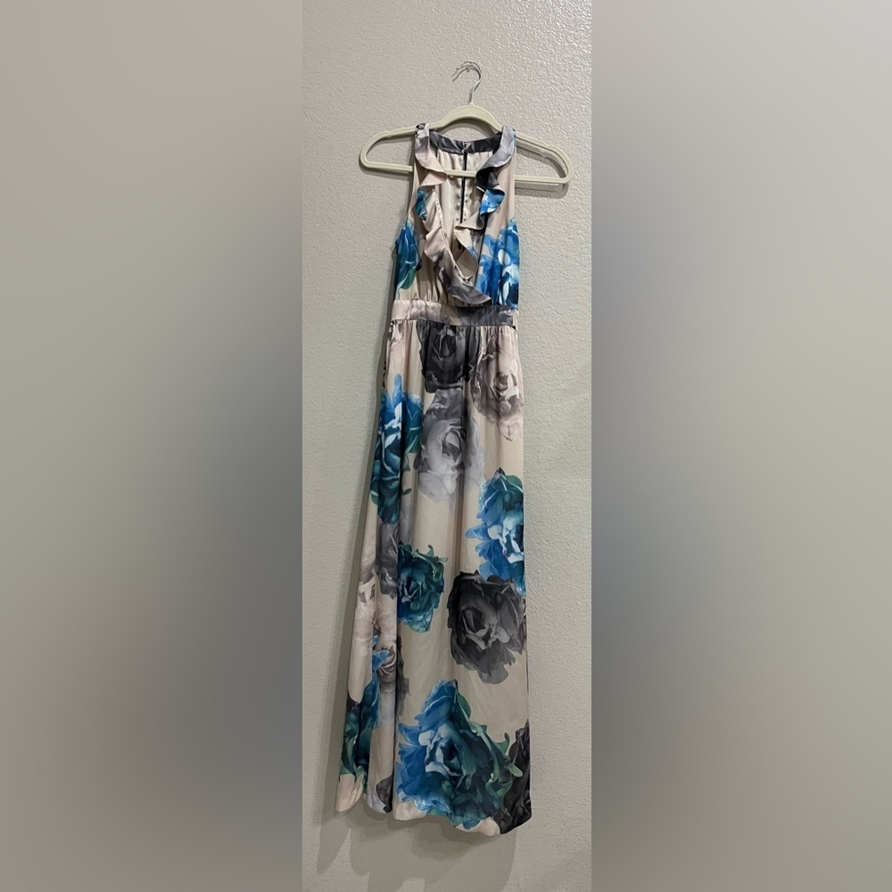 H&M Blue Black Tan Floral Maxi Dress Sleeveless Ruffle Sz 4 Lined Chic TC0338